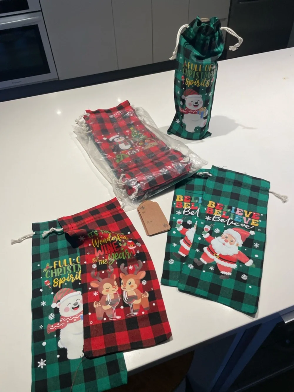 Holiday Buffalo Check Drawstring Wine Bag - Green & Red